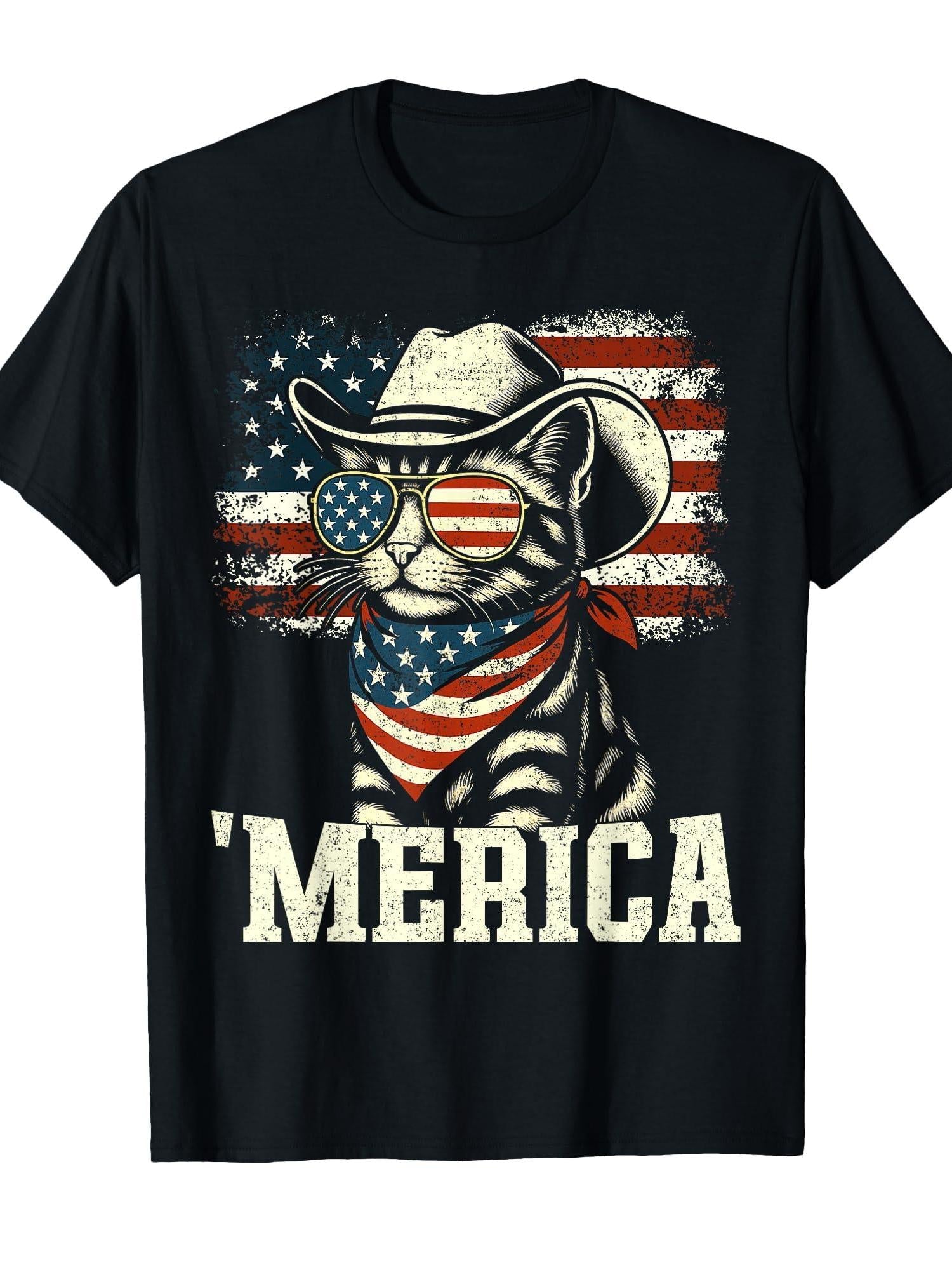 'Merica USA American Flag Patriotic 4th of July Cat 'Merica T-Shirt Presidents' Day 180gsm Cotton Round Neck Short Sleeve Men Casual T-Shirt