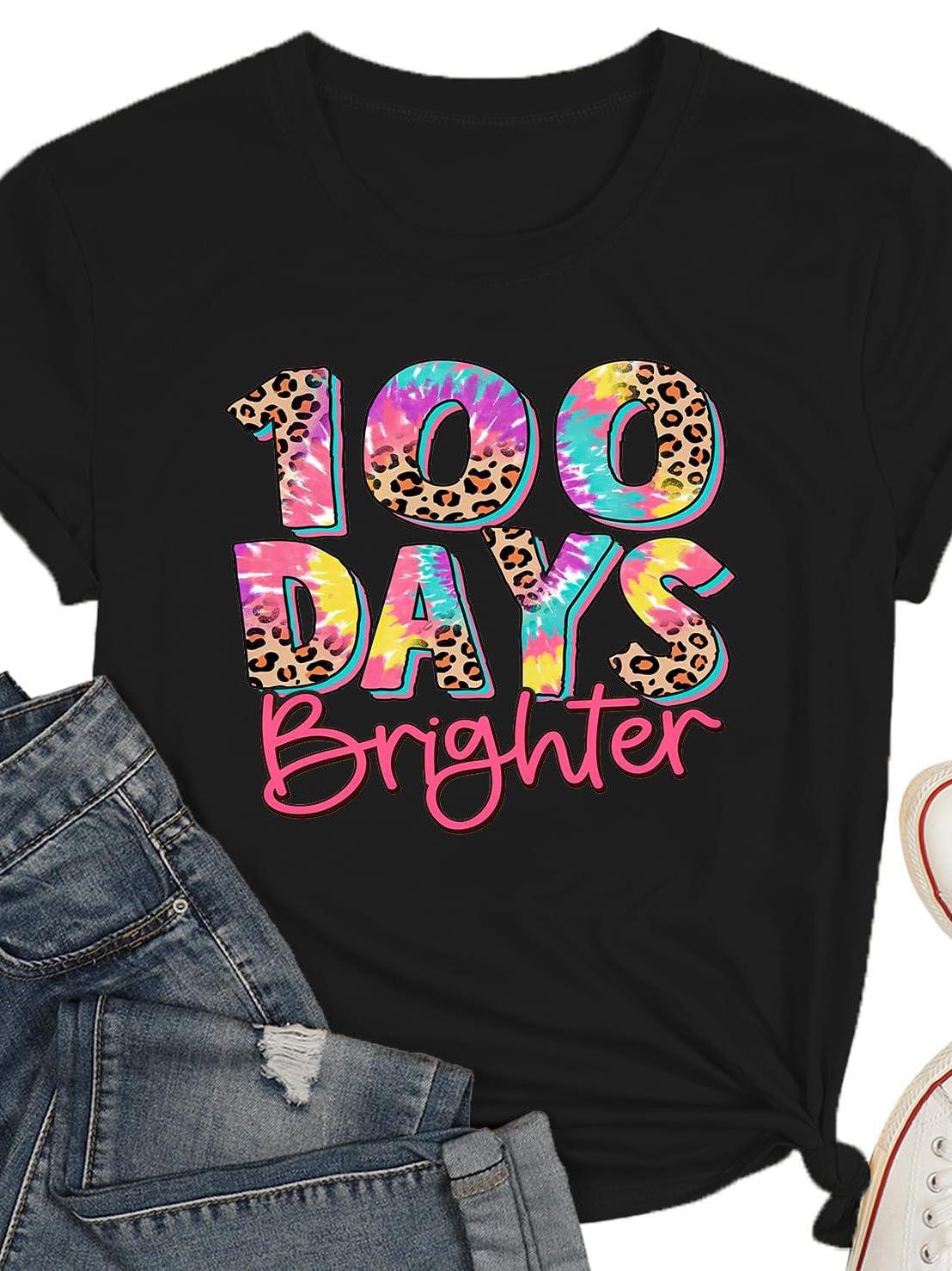 100 Day Brighter Shirt Women Teacher School T-Shirt 100 Days School Teacher Tee Tops 100 Days Of School 220gsm Cotton Round Neck Short Sleeve Casual Henley Shirt Men T-Shirt