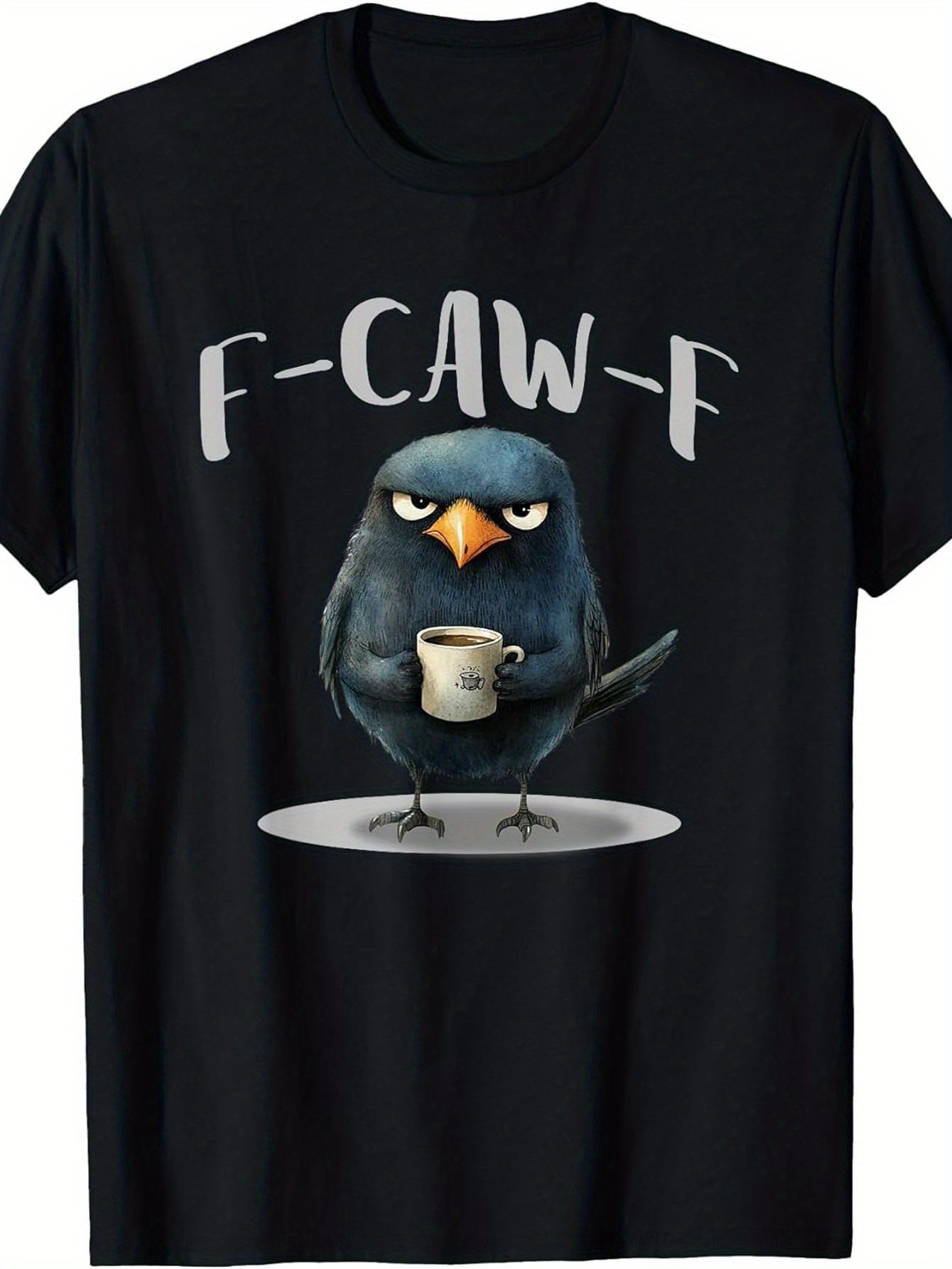 's Funny Crow Coffee F-Kaw-F Slogan T-Shirt - 100% Retro Loose Fit Short Sleeve Tee with Caw-F Wordplay & Crow Graphic, Casual Humor Gift for Bird Lovers, All-Season